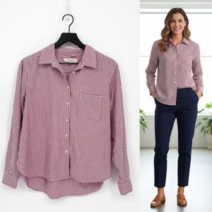 Loft Striped Everyday Relaxed Pocket Shirt Burgundy | Medium